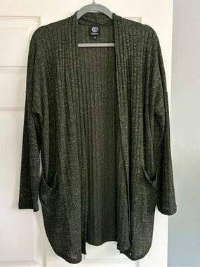 bobeau Ribbed Open-Front Long Cardigan - Olive Green